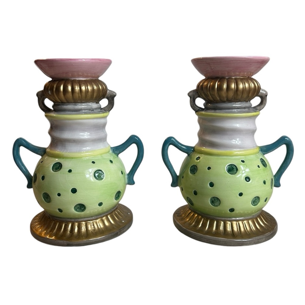 Vintage Candle Stick Holders Whimsical Colorful CBK Pottery Alice In Wonderland